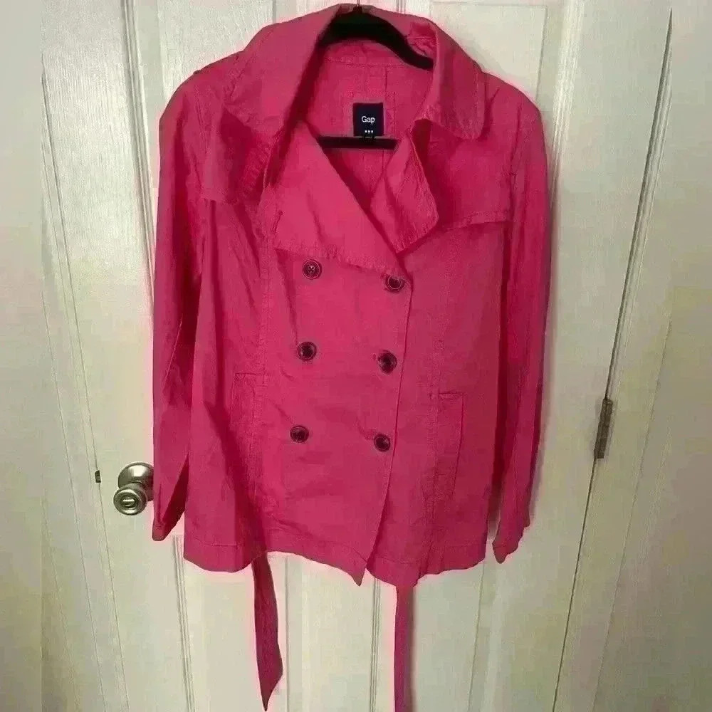 Gap Small Pink Cotton Button Front Belted Coat Jacket Spring 2009 EUC